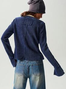 Bohemela Camiseta ajustada de manga larga con cuello en V de color liso para mujer, para tiempo libre y vacaciones