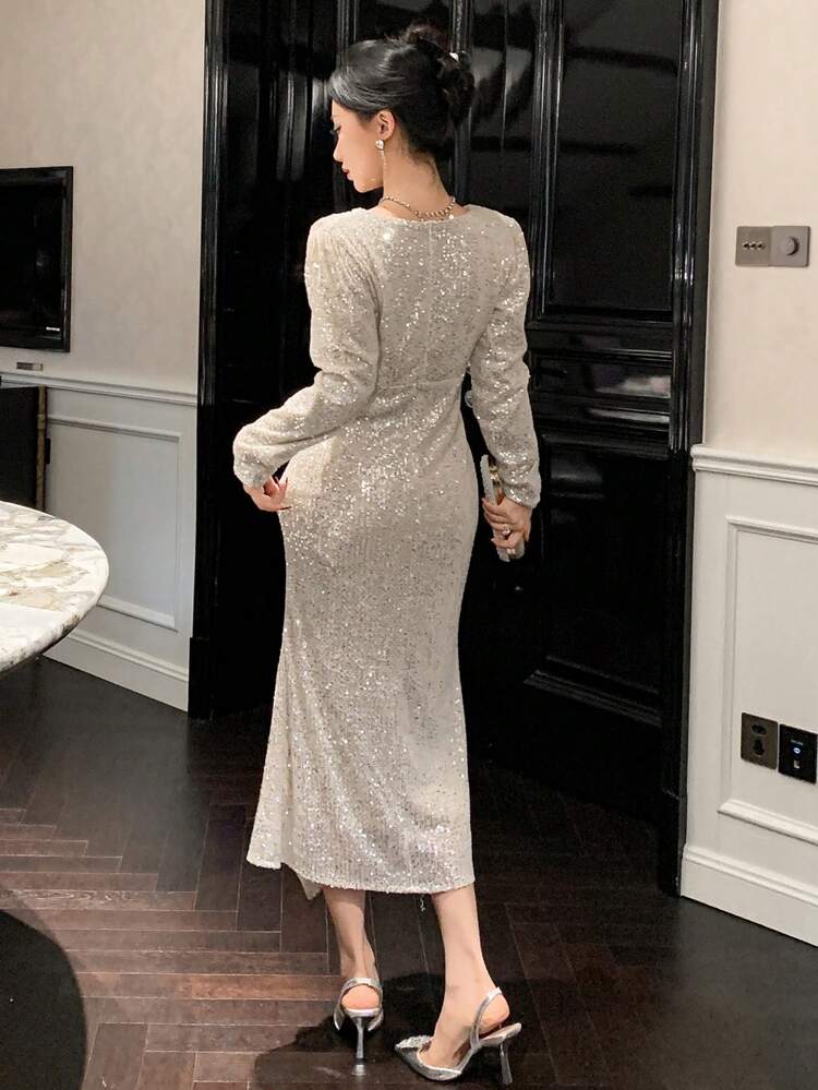Vestido midi con escote en V con volantes, abertura y lentejuelas para mujer, vestido de fiesta de cumpleaños, Año Nuevo y baile, vestido de manga larga elegante y lujoso con brillo para otoño