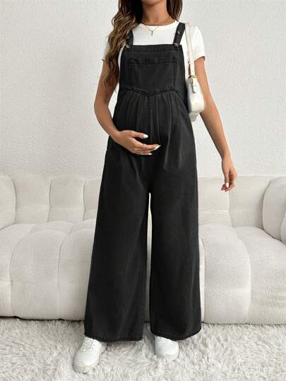 SHEIN Maternity Denim Bib Pants Casual Loose Long Wide Leg Trousers, Adjustable Straps, Blue
