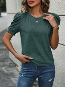 INAWLY 女士纯色圆领短款泡泡袖休闲 T 恤 - 墨綠色 - 查看 5