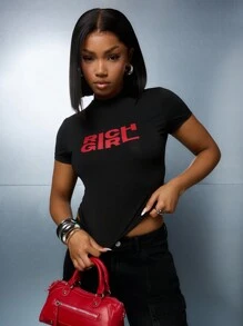 SUMWON WOMEN Rich Girl 标语图案婴儿 T 恤短款上衣短袖修身夏季节日街头时尚个性 T 恤 - 黑色 - 查看 4