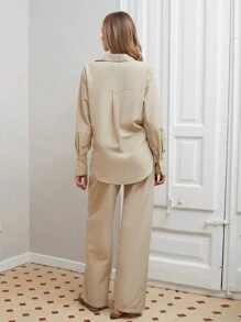 RueChic LONG SLEEVE FLAPPED POCKET SHIRT & PANT - Beige - View 2