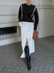 EURMUSE Women Hand Made Knitting Detailed Black Round Neck Pullover Sweater - Black - View 7