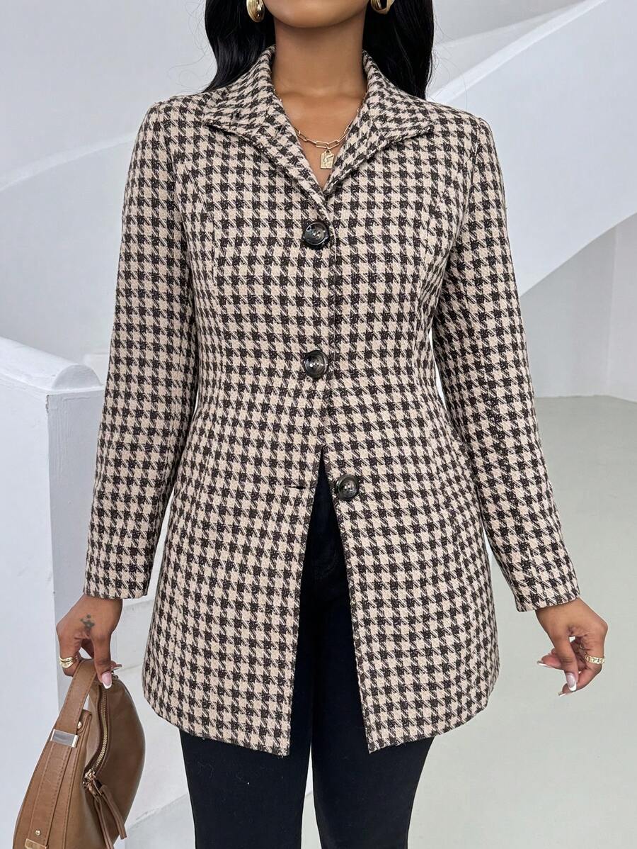 Zolique 女士休闲千鸟格纹单排扣中长夹克 - 咖啡棕 - 查看 1