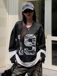 DAZY Sudadera con capucha de mujer con estampado de números en camuflaje y contraste de colores, ropa de otoño