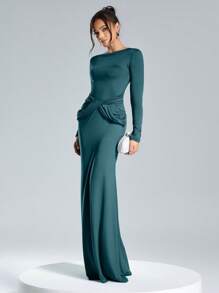 SHEIN Belle Autumn And Winter Women's Banquet Party Fashion Elegant Luxury Stretch Knit Asymmetric Collar Design Tight Waist Pleated Green Dress Formal Dress, Women's Autumn And Winter Formal Evening Dress, Party Banquet Christmas Can Be Worn, Prom Gown, For Wedding Guest, Graduation, Dinner