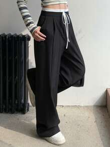 DAZY 女士撞色腰带系带条纹宽松裤，适合所有季节 - 黑色 - 查看 1