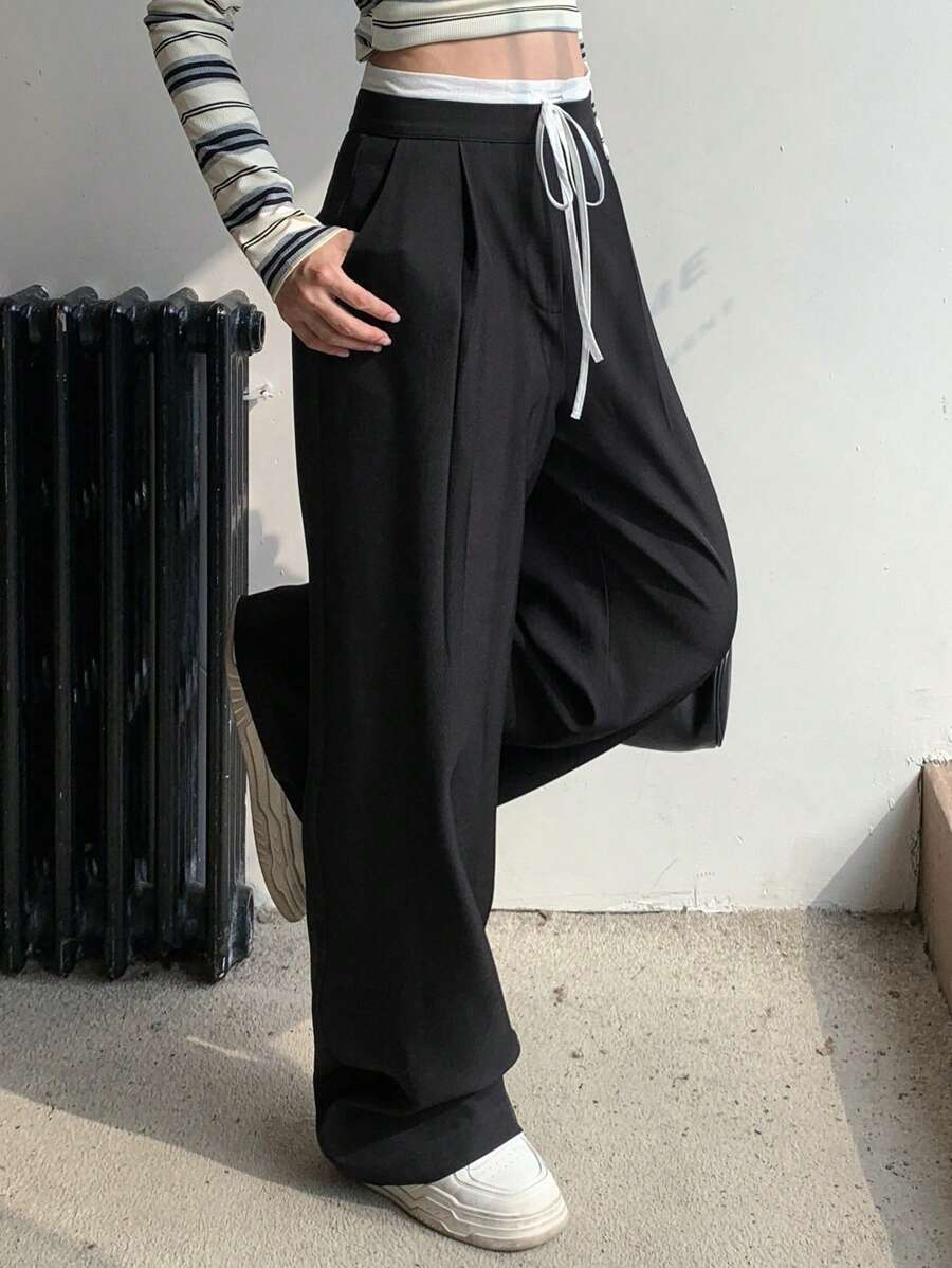 DAZY 女士撞色腰带系带条纹宽松裤，适合所有季节 - 黑色 - 查看 1