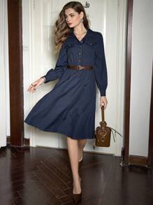 Vintamour Robe chemise vintage élégante pour femmes avec col chemisier, manches longues et poches. Robe évasée décontractée et business casual avec ceinture. Vêtements d'hiver pour femmes, chemise à manches longues, tenue de Thanksgiving, tenues d'hiver, vêtements de Noël, robes de Noël à manches longues, robe de Noël, robe de Noël, vêtements de Noël, robe de réveillon du Nouvel An, robe de Thanksgiving, robe d'hiver à manches longues pour les fêtes