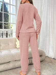 2pcs Solid Color Sherpa Crew Neck Long Sleeve Top And Pants Fluffy Pajama Set Cozy Outfit, Fall Winter Clothes