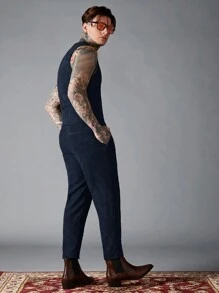Manfinity VCAY 男士修身灯芯绒背心和裤子休闲西装套装 - 藏蓝色 - 查看 2