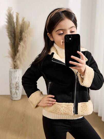 SHEIN Jaqueta de inverno para meninas, quente, de pelúcia, com gola fofa, estilo casual da moda, adequada para passeios diários, suéteres, camisetas e calças combinando