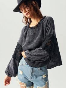 Bohemela 1 件女式休闲纯色宽松圆领长袖衬衫 - 黑色 - 查看 3