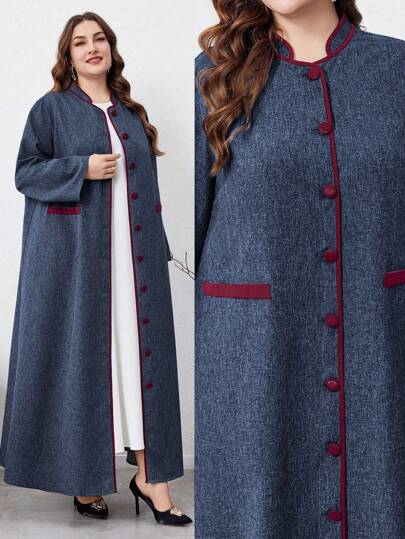 Al Najma 加大码拼色前扣长袖简约长袍，端庄优雅的阿拉伯长裙，适合旅行/休闲/居家/度假，长袍长袍