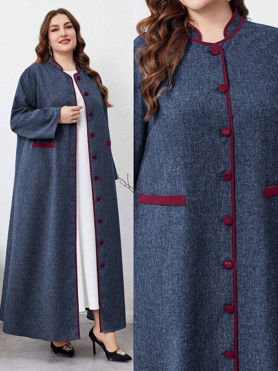 Al Najma 加大码拼色前扣长袖简约长袍，端庄优雅的阿拉伯长裙，适合旅行/休闲/居家/度假，长袍长袍 - 藏蓝色 - 查看 1