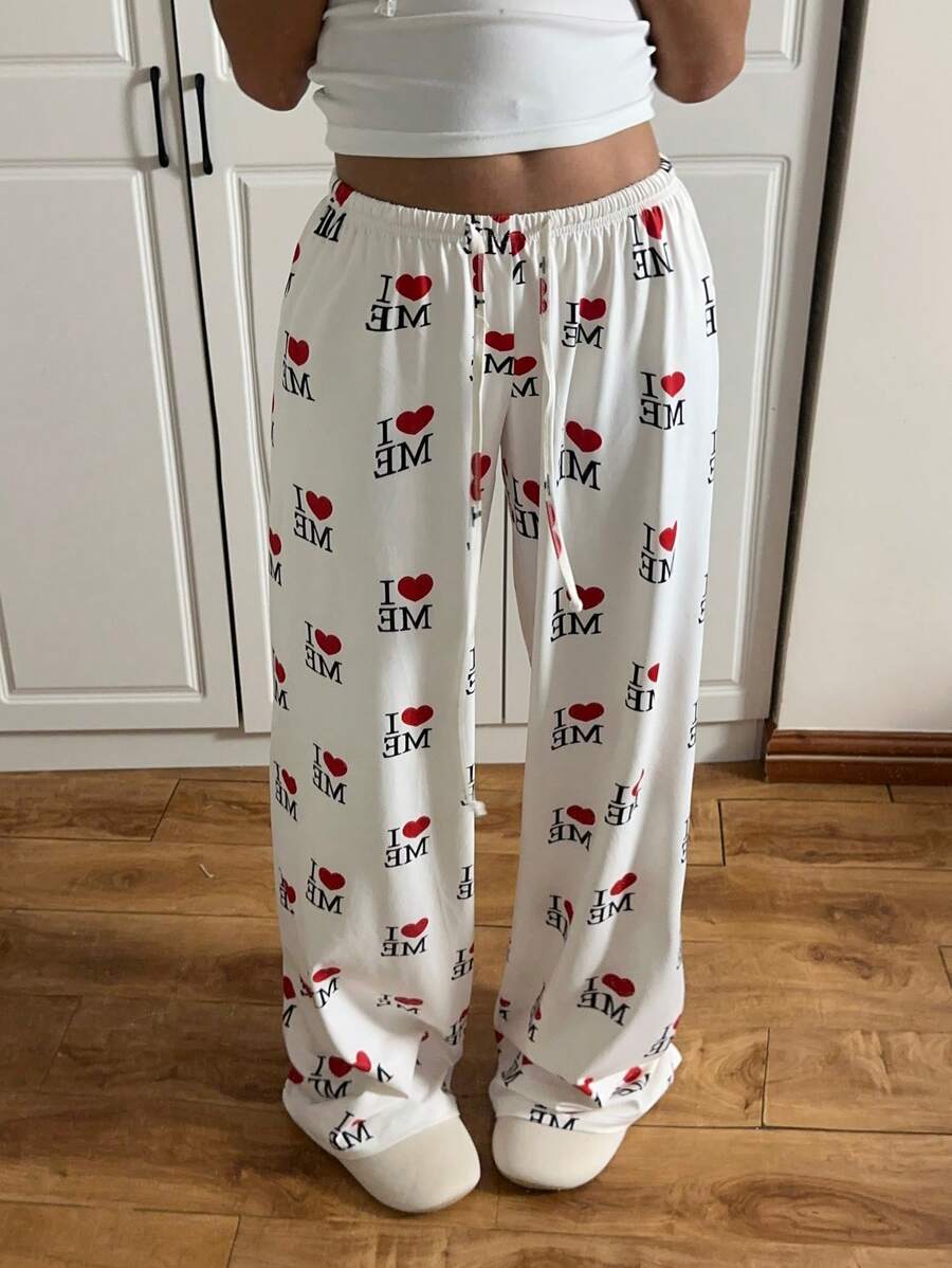 SHEIN EZwear 女士字母与心形印花抽绳腰直筒宽松休闲裤 - 白色 - 查看 1