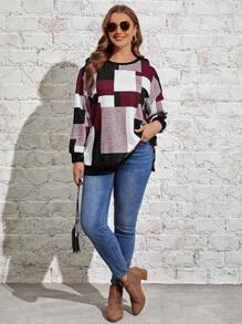 EMERY ROSE Plus Size Women Casual Patchwork Print Drop Shoulder Loose Sweatshirt, Spring/Autumn - Burgundy - View 6