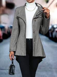 SHEIN Clasi 1 pièce Manteau élégant à col rabattu, manche longue, simple-boutonnage pour carrière d'automne/hiver pour femmes - Gris - Voir 3