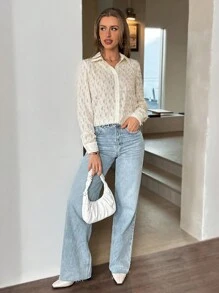 SHEIN Essnce 1 件女式休闲前扣长袖衬衫，秋季 - 杏色 - 查看 6