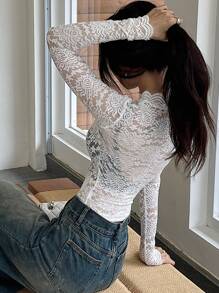 DAZY Women's New Arrival Spring/Summer/Autumn Stand Collar Fitted Sheer Lace Blouse (Does Not Include Bra) Going Out Tops Long Sleeve Women Tops - White - View 7