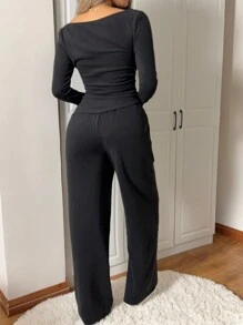 SHEIN EZwear 2pcs Women Autumn Solid Color Boatneck Fitted Top And Pants Set - Black - View 2