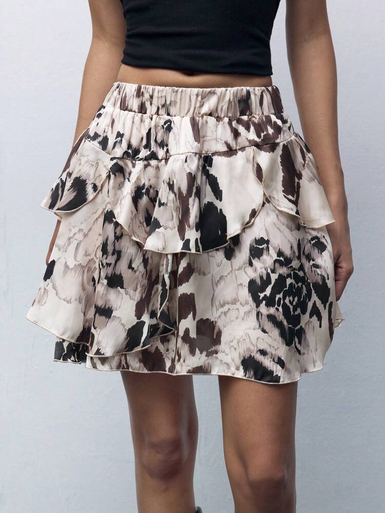 SHEIN Maija Women Coffee & Khaki Color Tie-Dye Pleated Hem Skirt With All Over Printing, Autumn/Winter