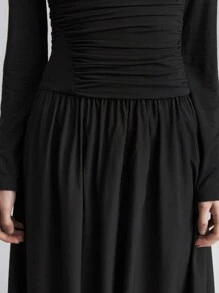 Ontre 2025 Spring New Arrival Women Black Crew Neck Long Sleeve Woven Patchwork Pleated Warm And Comfortable Maxi Versatile Elegant Dress