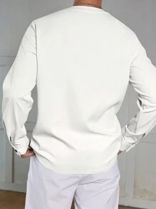 Manfinity Homme 男士休闲纯色 V 领双排扣衬衫，春/秋 - 白色 - 查看 3