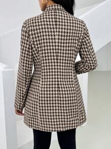 Zolique 女士休闲千鸟格纹单排扣中长夹克 - 咖啡棕 - 查看 2