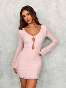 SHEIN SXY Fall Women Clothes;Elegant Sweet Pink Hollow-Out Lace Long Sleeve A-Line Mini Dress, Autumn/Winter Date Night/Party Mini Dress Sexy Elegant Mini Dress/Valentine's Day Dress/Homecoming Prom Dress - Pink - View 4