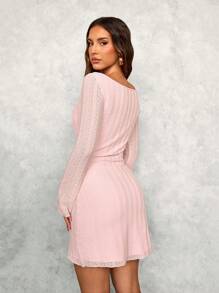 SHEIN SXY Fall Women Clothes;Elegant Sweet Pink Hollow-Out Lace Long Sleeve A-Line Mini Dress, Autumn/Winter Date Night/Party Mini Dress Sexy Elegant Mini Dress/Valentine's Day Dress/Homecoming Prom Dress - Pink - View 2