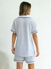 100% Cotton 2pcs/Women Contrast Binding&Pocket Detail Pajama Set - White - View 2