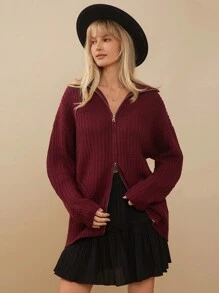 WESTFADE 圣诞毛衣 双拉链 长款 落肩 前拉链 长袖 开衫