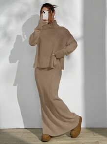 Flirla Set da 2 pezzi di maglione casual in maglia a collo alto con maniche lunghe e gonna midi con orlo spaccato