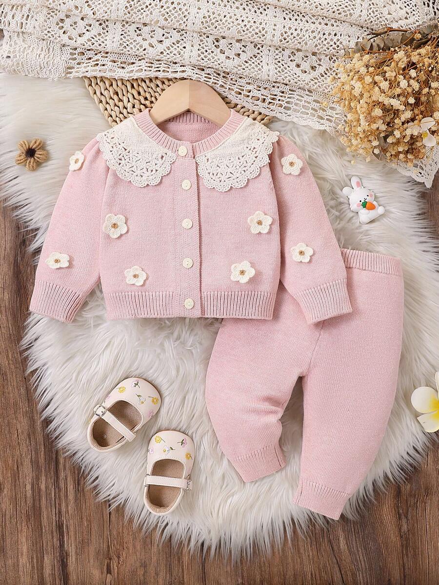 SHEIN Vintaside Kids Baby Mädchen modischer, süßer Pullover-Set mit Blumen-Spitzenbesatz