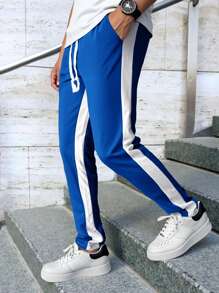 Manfinity Homme 男士休闲运动风格字母印花拼色抽绳腰部修身运动裤 - 寶藍色 - 查看 4