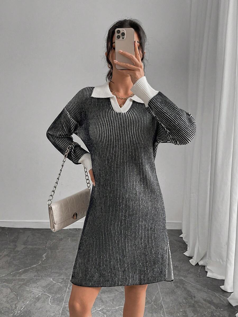 SHEIN Unity 2024 Autumn/Winter New Women Striped Polo Collar Split ...