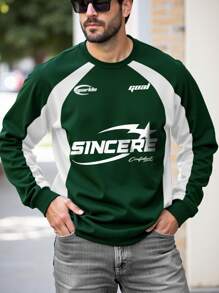 Manfinity EMRG Men's Casual Race Car Inspired Letter Print Color Block Raglan Sleeve Pullover Sweatshirt, Spring/Autumn - Dark Green - View 1