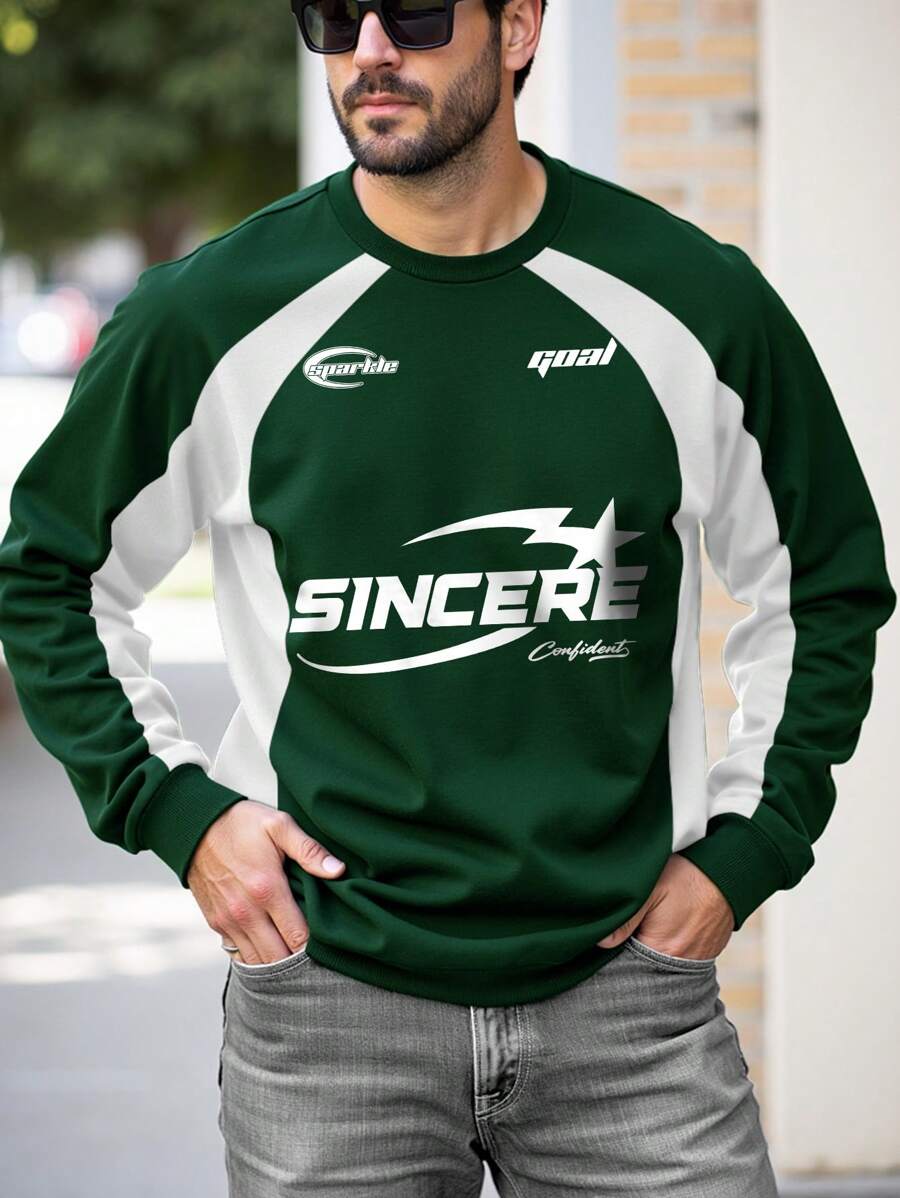 Manfinity EMRG Men's Casual Race Car Inspired Letter Print Color Block Raglan Sleeve Pullover Sweatshirt, Spring/Autumn - Dark Green - View 1
