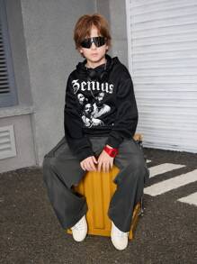 Tween Boy 街头风格人物肖像宽松连帽衫和休闲裤套装 - 黑色 - 查看 3