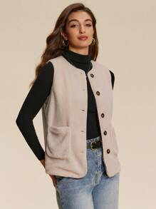 Chiquease Solid Color Front Button Sleeveless Pockets Casual Plush Faux Shearling Vest - Apricot - View 4