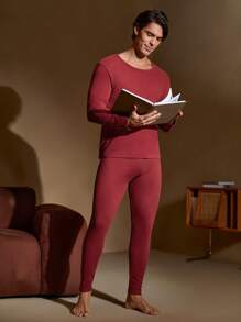 Solid Color Men 2pcs Warm Outfit - Round Neck Long Sleeve Top And Long Pants Set