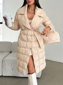 EURMUSE Solid Snap Button Front Belted Padded Coat For Winter And Autumn - Beige - View 1
