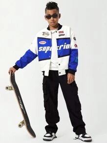 SHEIN Tween Boy Letter Print Fleece Baseball Jacket, Autumn/Winter - Blue - View 7