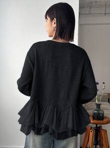 FRIFUL Women Solid Color Round Neck Dolman Sleeve Ruffle Hem T-Shirt, Autumn