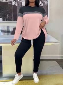 EMERY ROSE 2pcs/Set Plus Size Women Casual Sports Color Block Long Sleeve T-Shirt And Drawstring Waist Skinny Pants Outfit, Spring/Autumn Fall Cloth For Women - Multicolor - View 6