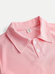 2pcs/Set Teen Girls Y2K Style Pink Ribbed Knit Collared Long Sleeve Cropped Top & Denim Flared Pants With Elastic Heart Print - Multicolor - View 7