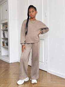 SHEIN Leap Crew Tween Girls Casual Everyday Crew Neck Sweatshirt And Loose Wide Leg Pants 2 Pieces Set