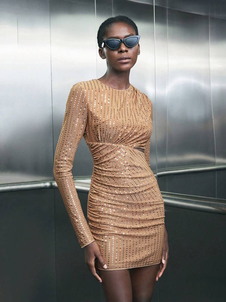 SHEIN Maija Women's Autumn/Winter Gold Round Neck Solid Color Sequined Patchwork Pleated Hollow-Out Mini Long Sleeve Sexy Elegant Party Dress