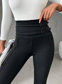 EURMUSE Women Belt Detailed Strech Legging Pant - Black - View 3